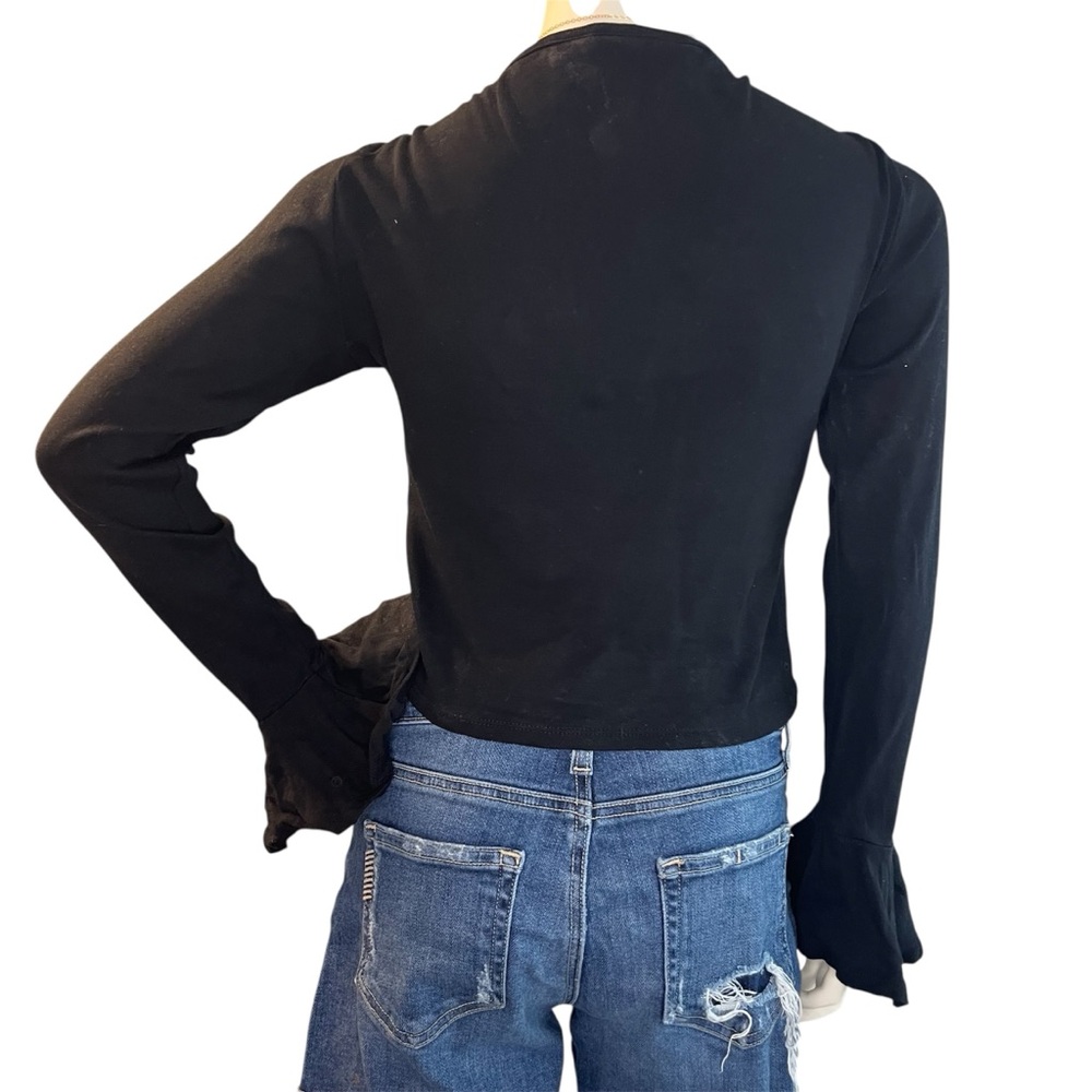 Maeve Elegant Black Long Sleeve Crew Neck Ruffle Sleeve Cropped Top Whimsigoth - Picture 6 of 8